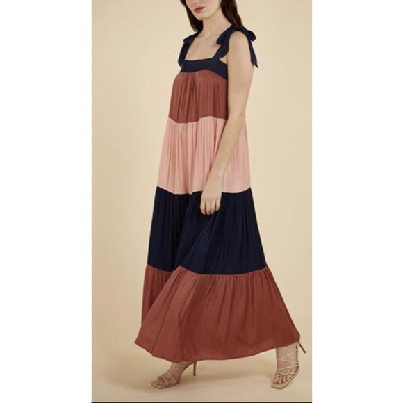 FRNCH Dresses & Skirts - FRNCH Paris Tiered Maxi Dress M Tie Strap Colorblock Boho Viscose Summer Beach